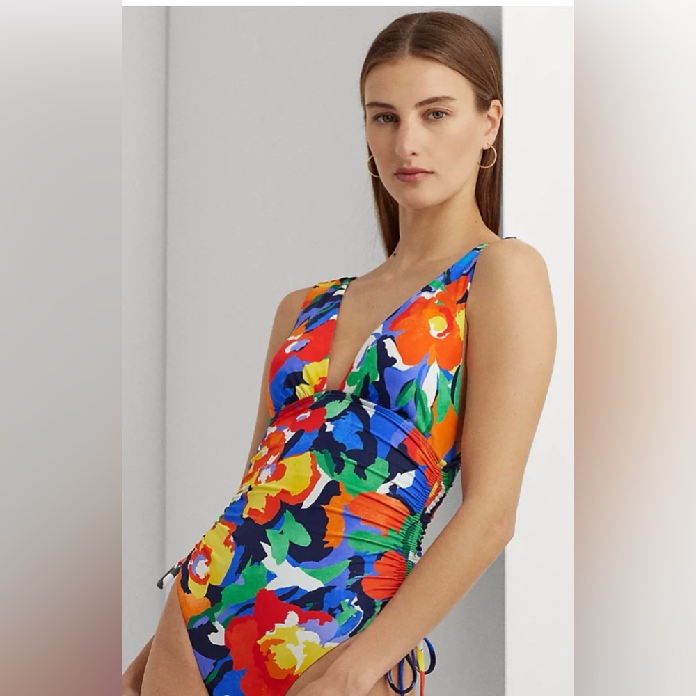 LRL Lauren Ralph Lauren Floral Shirred Plunge One Piece Swimsuit - Picture 5 of 9
